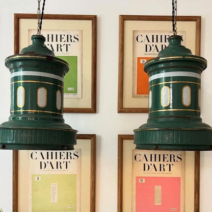 Pair of Green & White Painted Metal Pendants