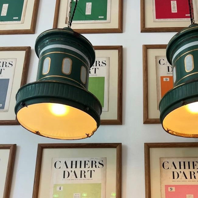 Pair of Green & White Painted Metal Pendants