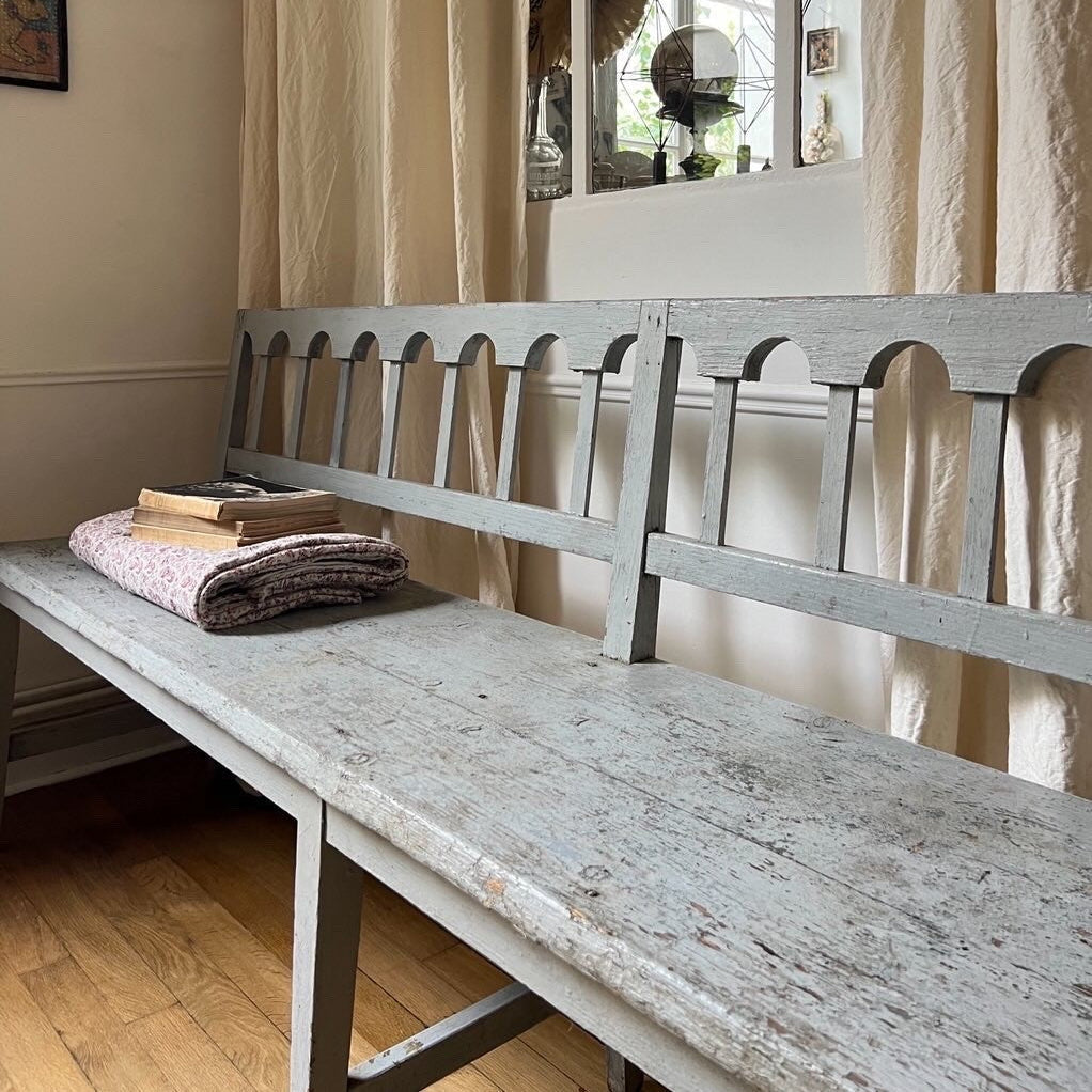 Grey Painted Long Pine Bench with Arch Design