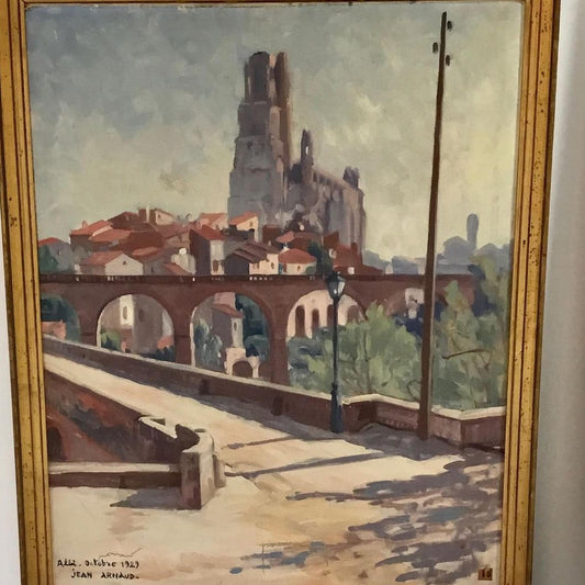 Large Framed Oil on Canvas, Town of Albi by Jean Arnaud