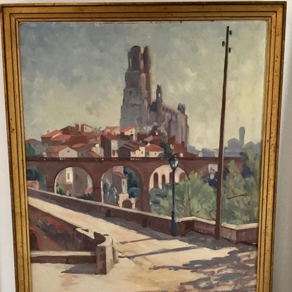 Large Framed Oil on Canvas, Town of Albi by Jean Arnaud