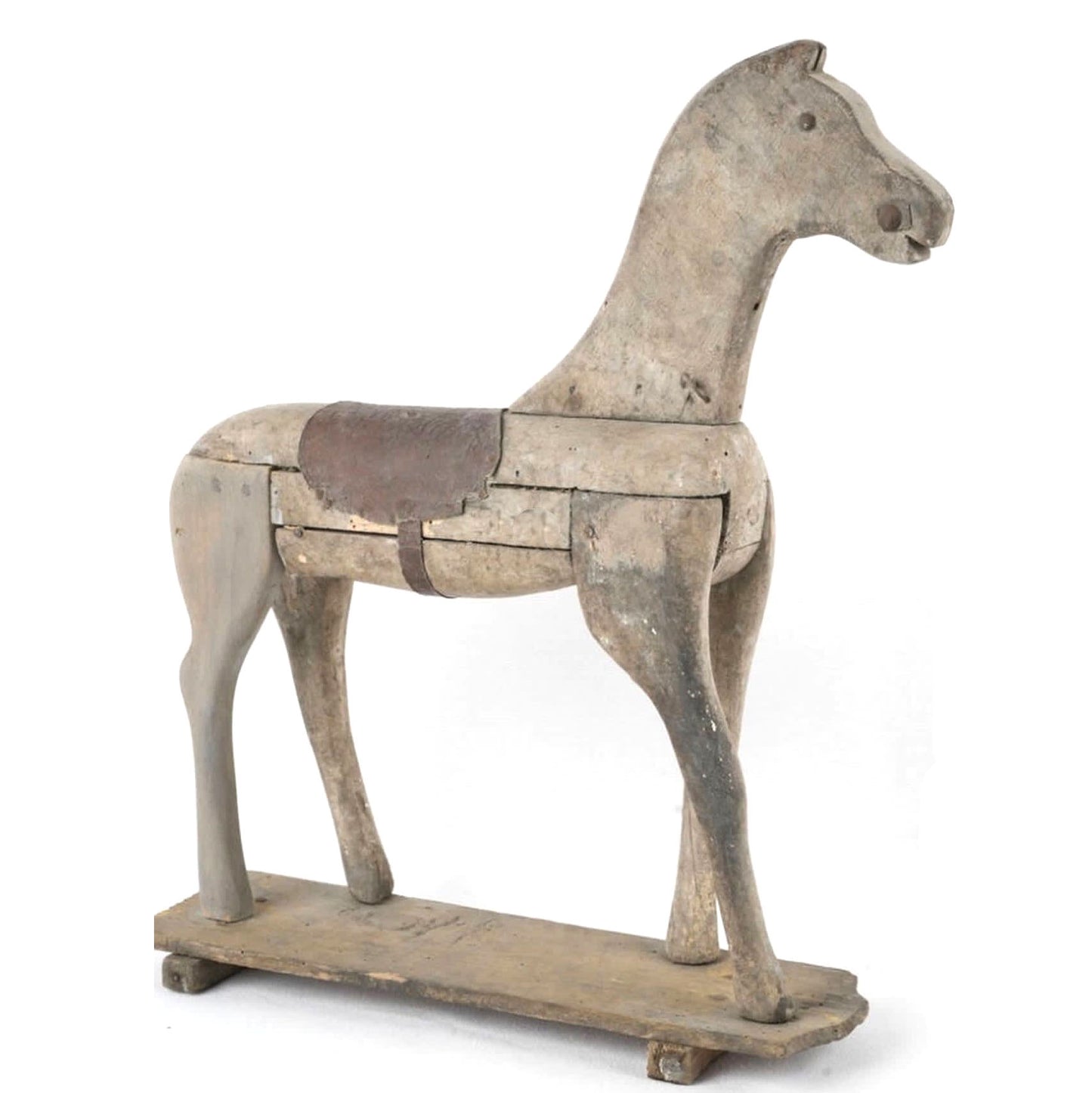 Wooden Horse with Leather Saddle on Stand