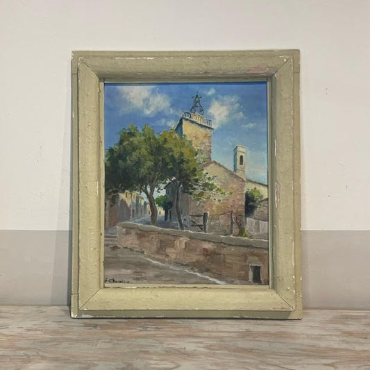 Framed Oil on Board - Provence Church signed by F. Chevalier