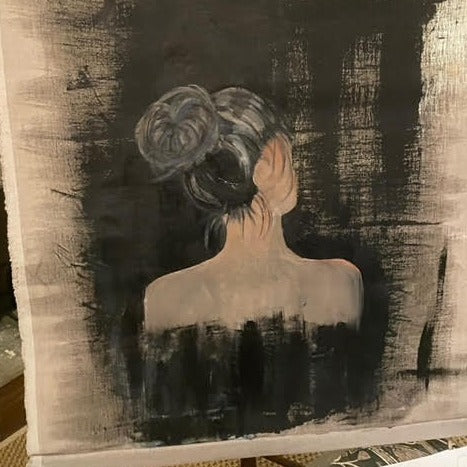 Black & White Painting on Linen - Back of Girl's Head and Shoulders