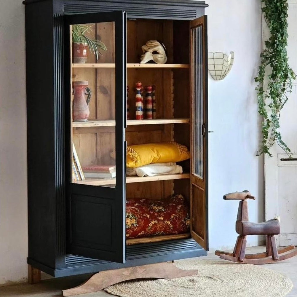 Black Two-Door Vitrine - Walnut and Fir