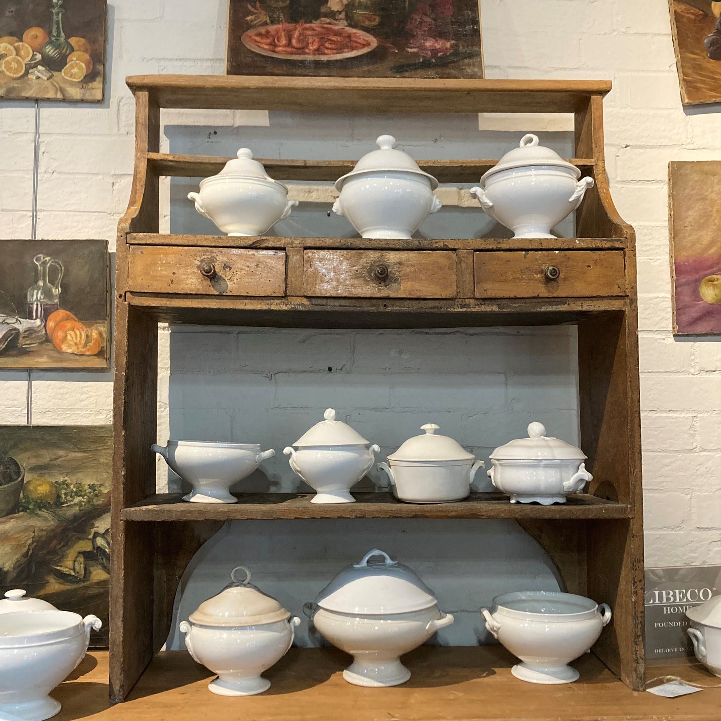 Oak Wood Shelves with Row of Drawers