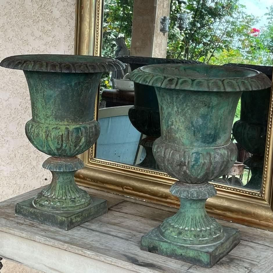 Pair of Cast Iron Medici Urns (Green Finish)