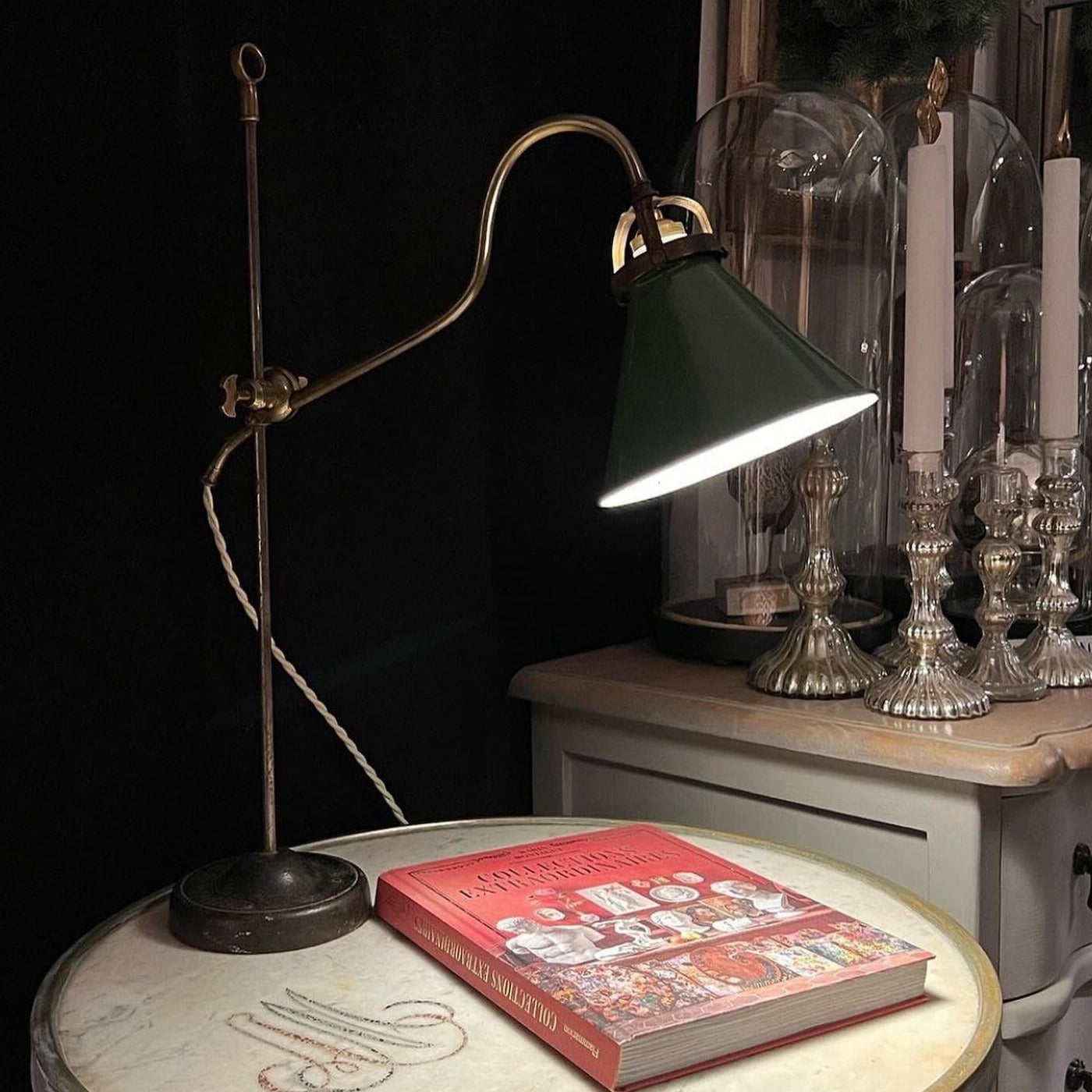 British Green Adjustable Table Lamp with Silk Cord and Brass Swans Neck