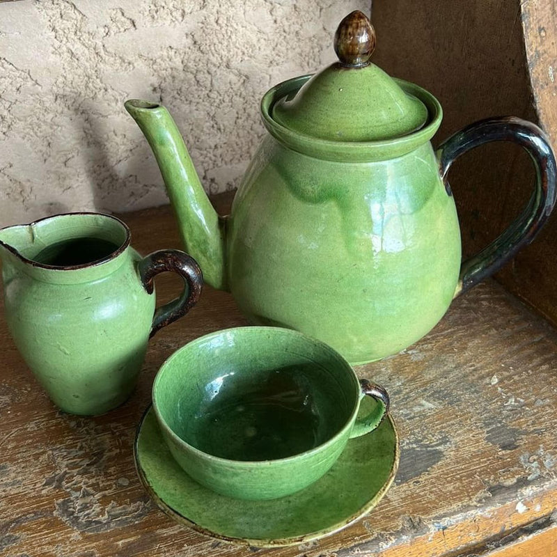 Glazed Green Tea Set for One - Teapot, Cup, Saucer & Milk Pitcher