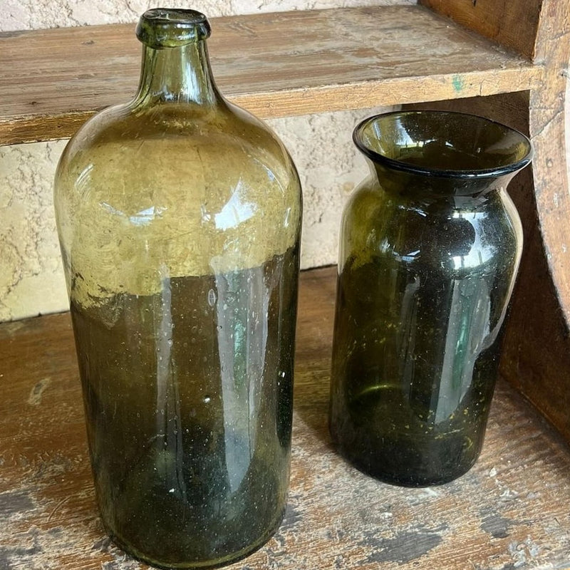 2 Hand blown Green Glass Jars (Pickle Jar with Wide mouth and Vinegar bottle)