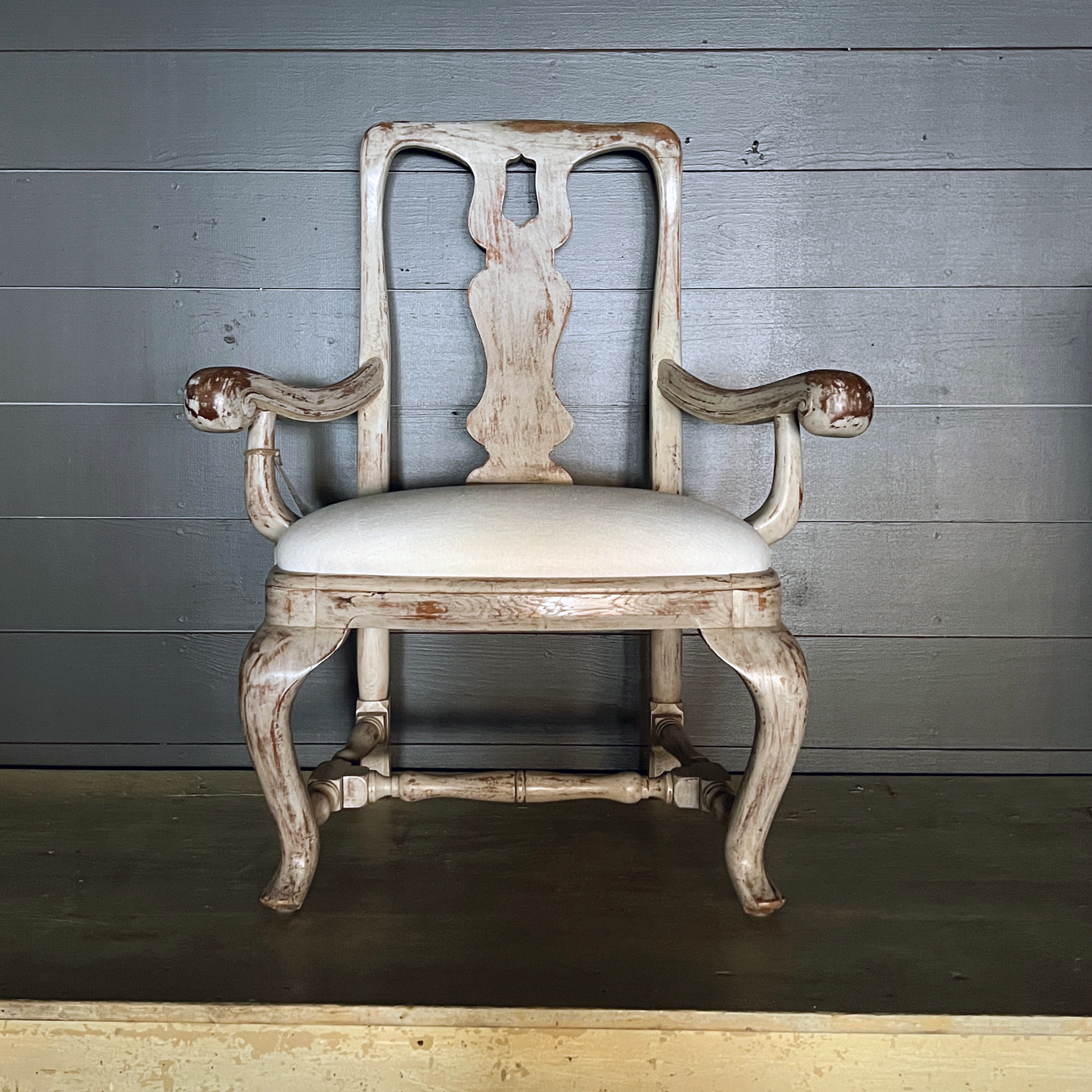 Pair of Swedish Queen Anne Arm Chairs with New Linen Upholstery