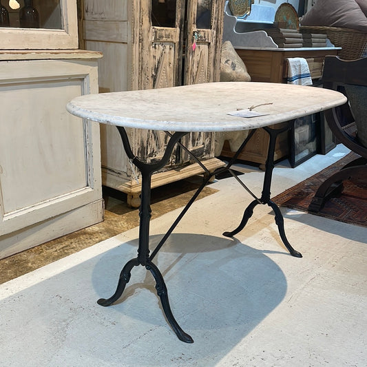 Racetrack-shaped Stone Top Table with Iron Bistro Base