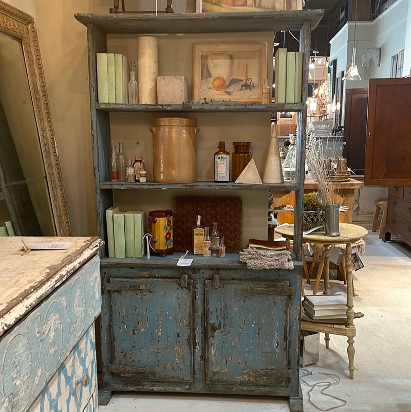 Blue Painted Open Bookcase with Doors at Bottom