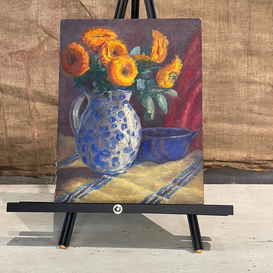 Unframed Still Life Orange Flowers and Blue Vase