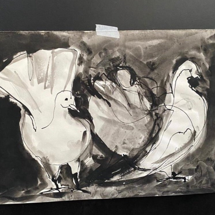 Series of 6 Framed Black & White Ink and Watercolor Chickens