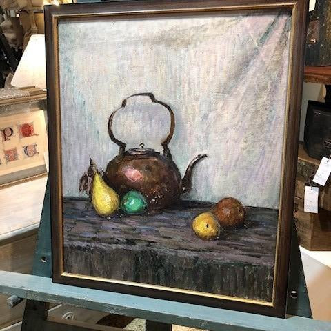 Tea Pot and Fruit Oil Painting Brown/Gold Frame