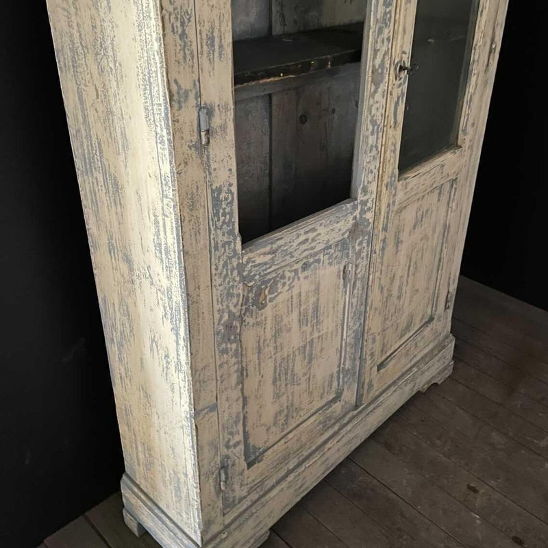 Blue Crusty Vitrine with Wood and Glass Doors