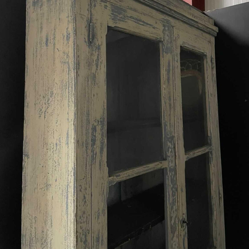 Blue Crusty Vitrine with Wood and Glass Doors