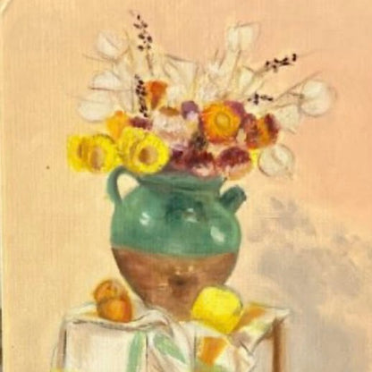 Unframed Oil on Board Bouquet of Flowers in Confit Pot