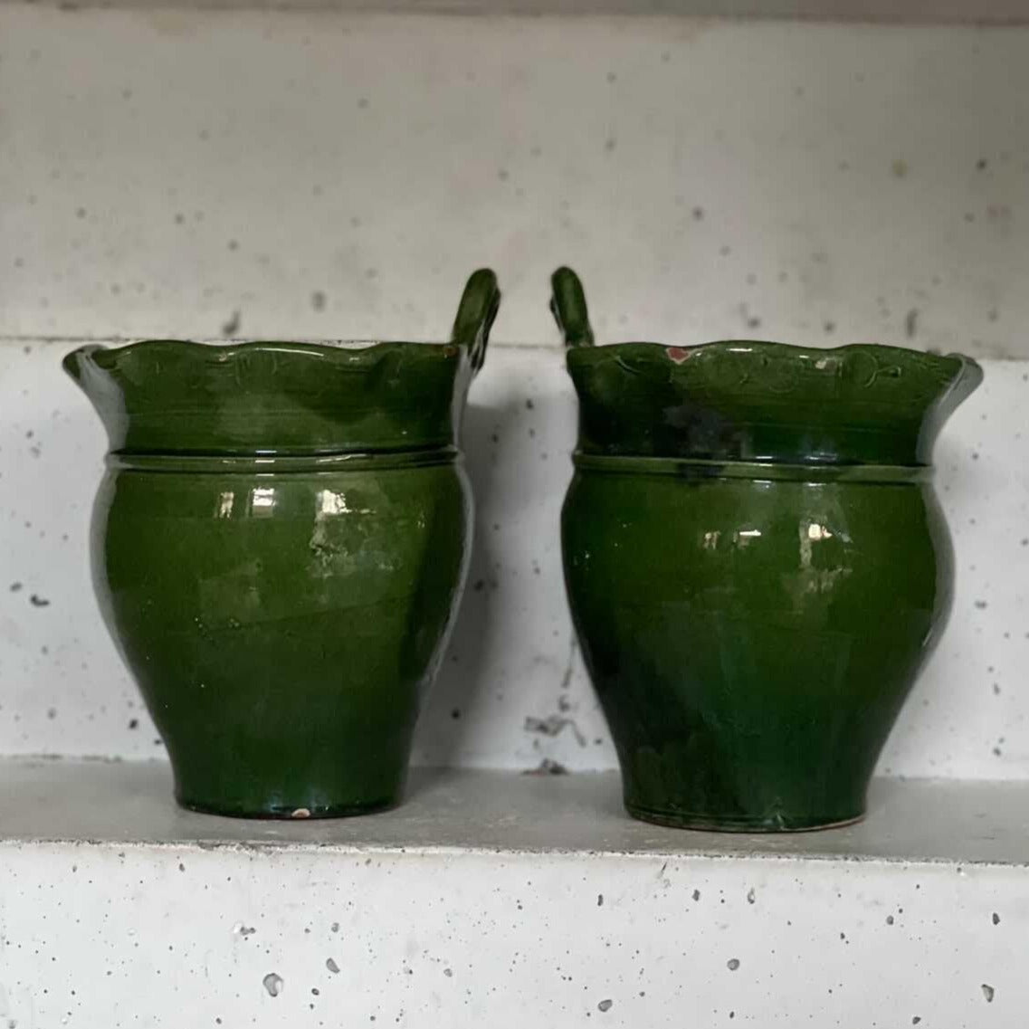 Pair of French Hanging Ceramic Planters with Green Glaze