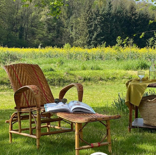 Rattan Chaise with Red Stripes