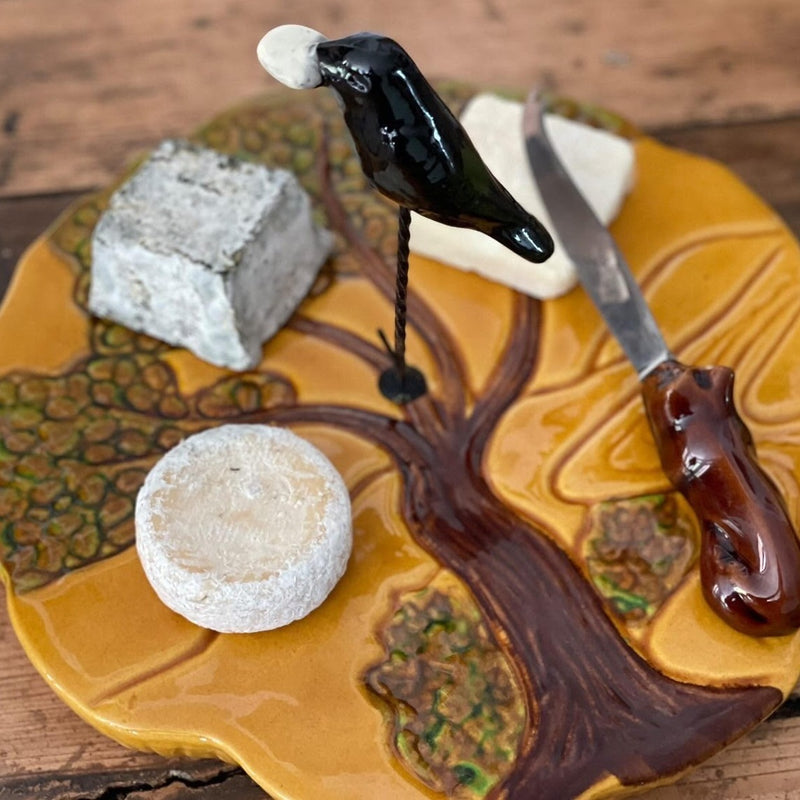 Ceramic Crow Cheese Plate and Knife