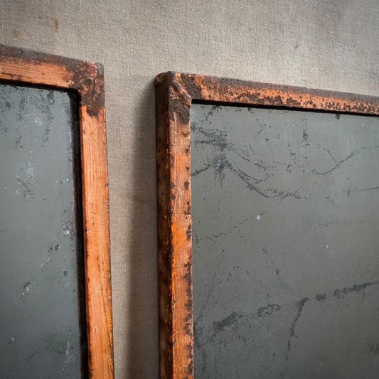 Pair of Orange Metal Framed Mirrors with Mercury Glass