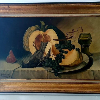 Framed Still Life - Oil on Canvas - Melon Cut Open