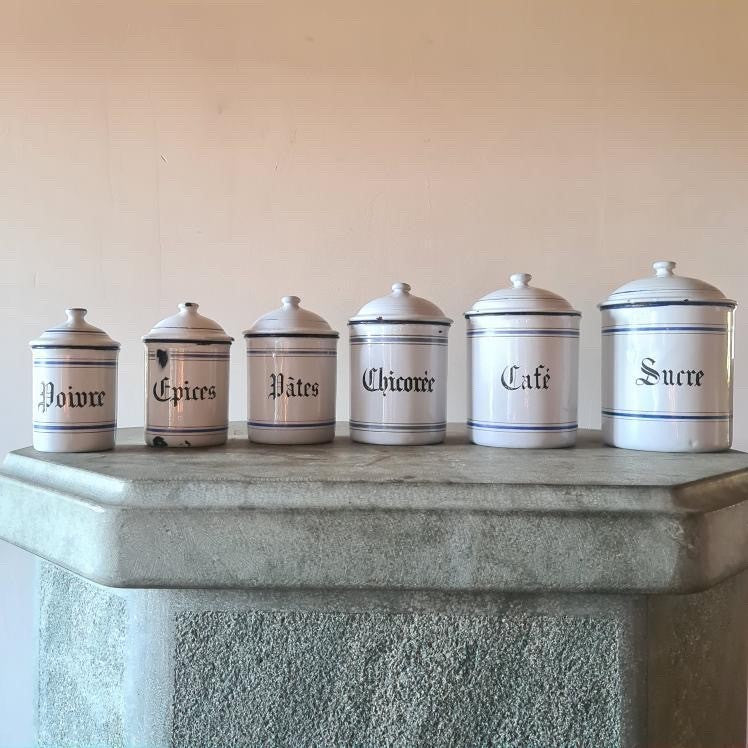 Set of 6 Enamel Kitchen Canisters with Blue Detail
