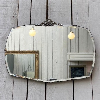 French Art Deco Frameless Mirror with Metal Crest