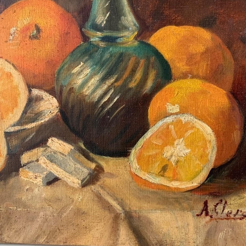 Unframed Oil on Canvas - Oranges with Blue Glass Vessel