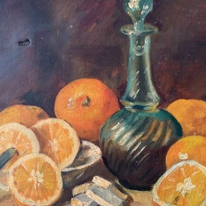 Unframed Oil on Canvas - Oranges with Blue Glass Vessel