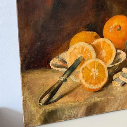 Unframed Oil on Canvas - Oranges with Blue Glass Vessel