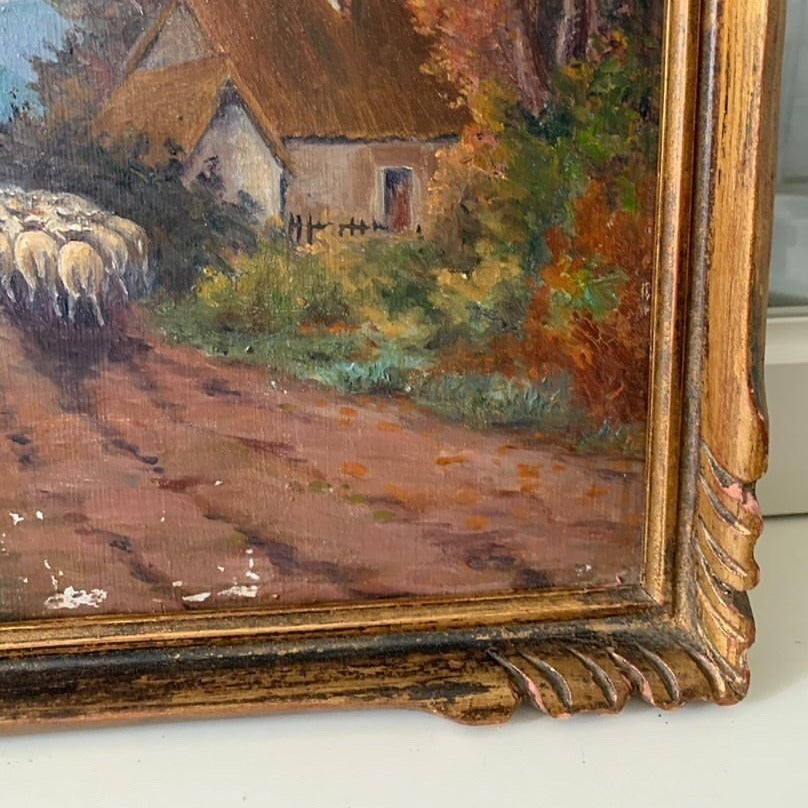 Framed Oil on Board - Herding Sheep