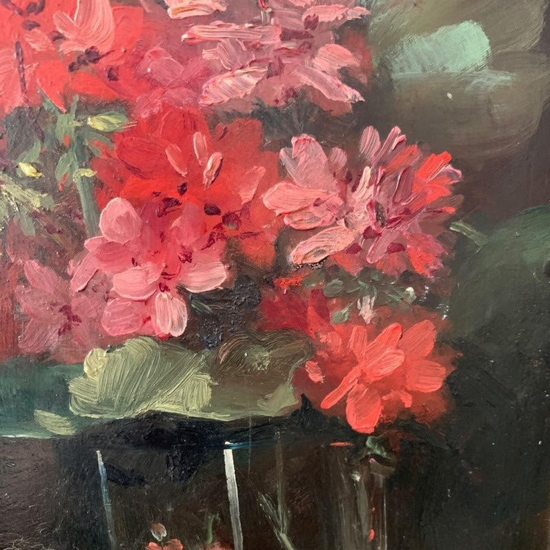 Framed Oil on Board - Red Geraniums