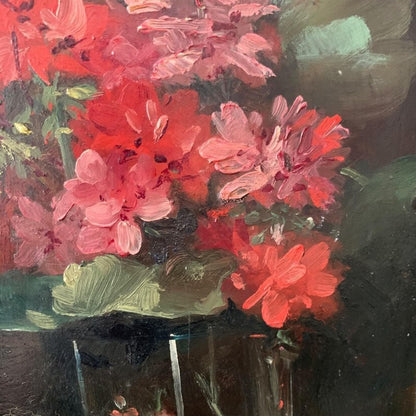 Framed Oil on Board - Red Geraniums