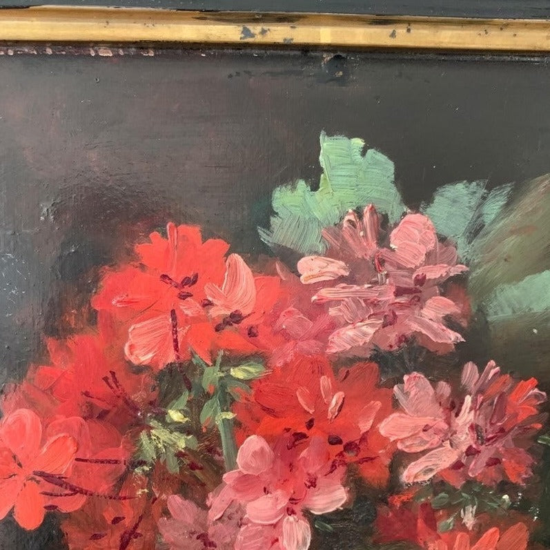 Framed Oil on Board - Red Geraniums