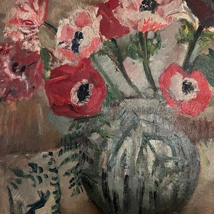 Unframed Oil on Canvas - Peonies in Silver Vase