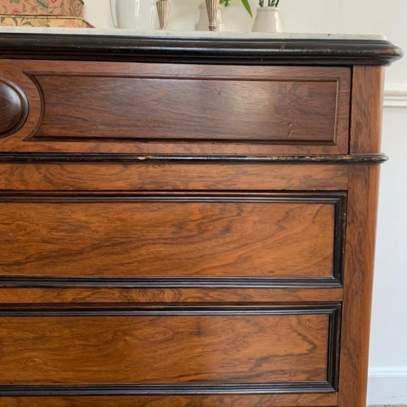 Burled Walnut Louis Philippe Commode with Button Knobs and Marble Top