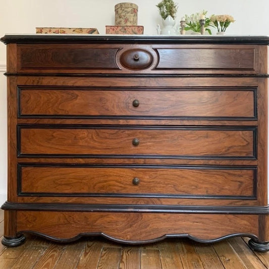 Burled Walnut Louis Philippe Commode with Button Knobs and Marble Top