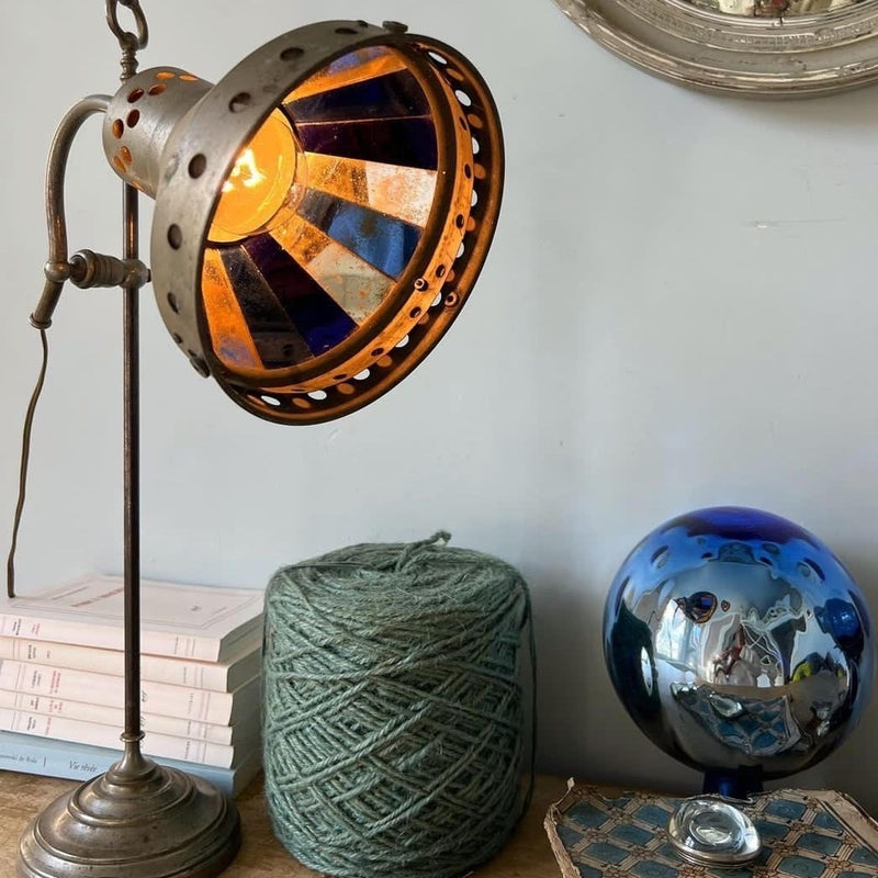 Adjustable Nickel Lamp with Cobalt Blue and Cream Inside the Shade
