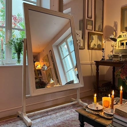 Large Cheval Mirror with White Painted Wood Frame and Base