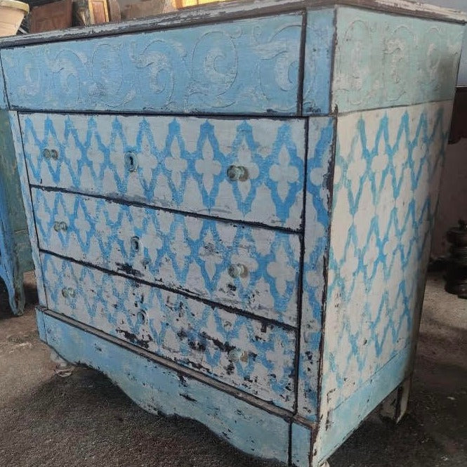 Painted Blue Chest with Button Knobs and Patterned Design