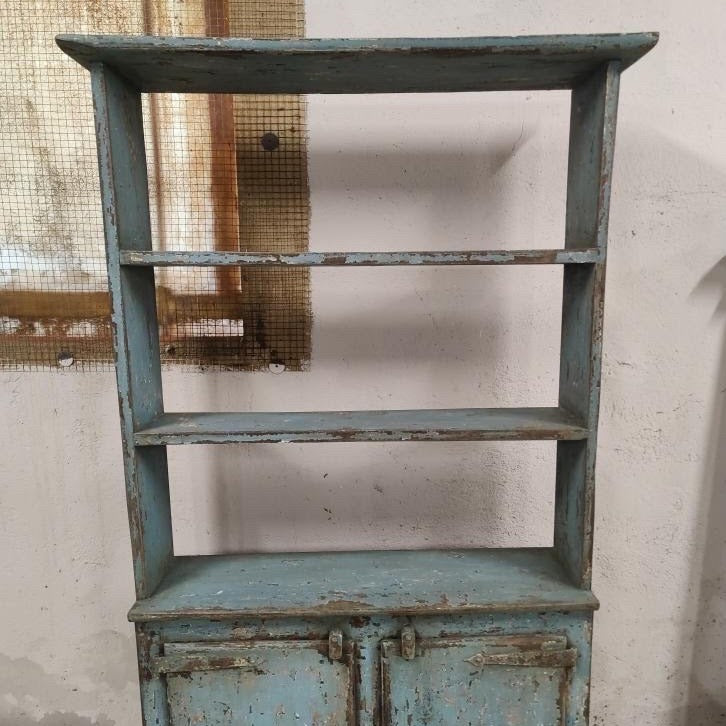 Blue Painted Open Bookcase with Doors at Bottom