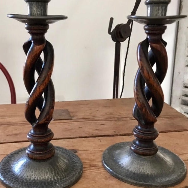 Pair of Oak and Pewter Barley Twist Candle Sticks