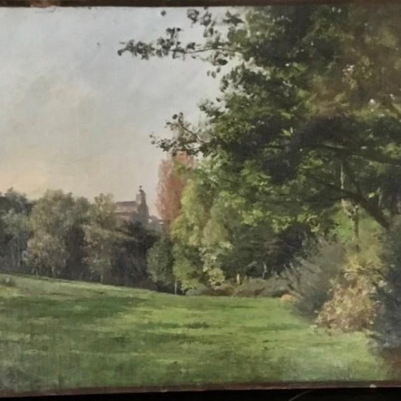 Oil on Board - Painting of a Church in Background