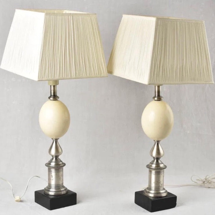 Pair of Ostrich Egg Lamps with Shade-wood Base & Silver Plate
