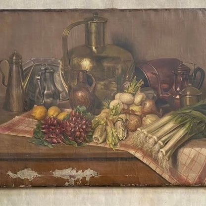 Large Unframed Oil on Canvas, Vegetables and Kitchenware