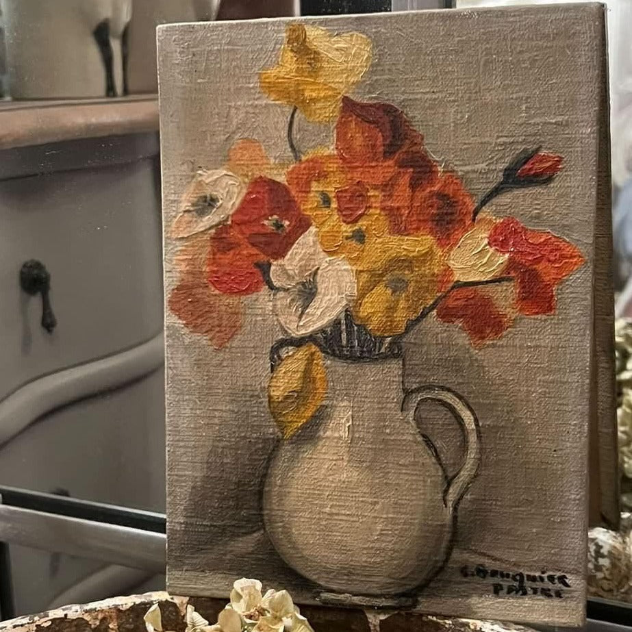 Unframed Oil on Canvas - Orange Flowers in White Pitcher