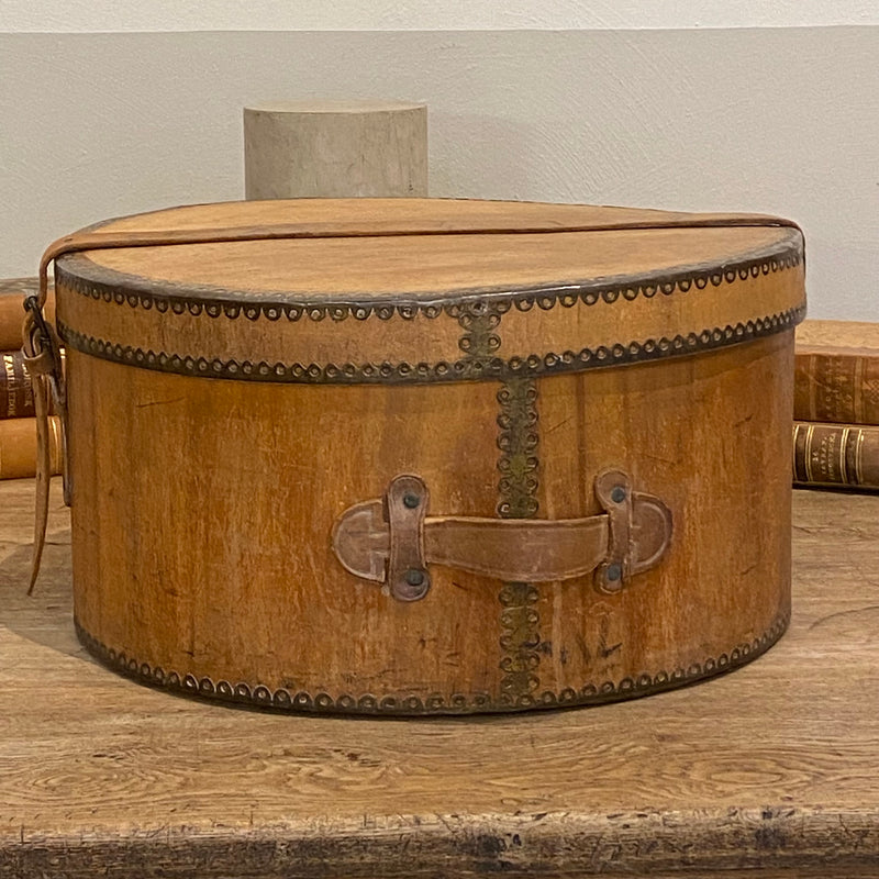 Wooden Round Hat Box - Metal and Leather